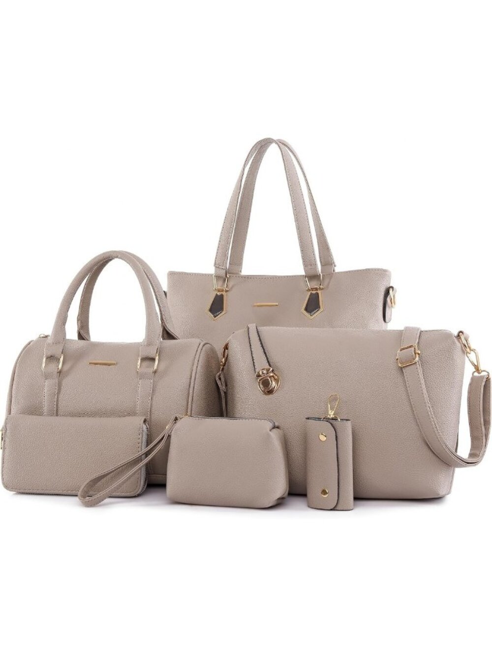 Stylish Synthetic Leather Tote & Crossbody Handbag Set - 6pcs Women's Purses